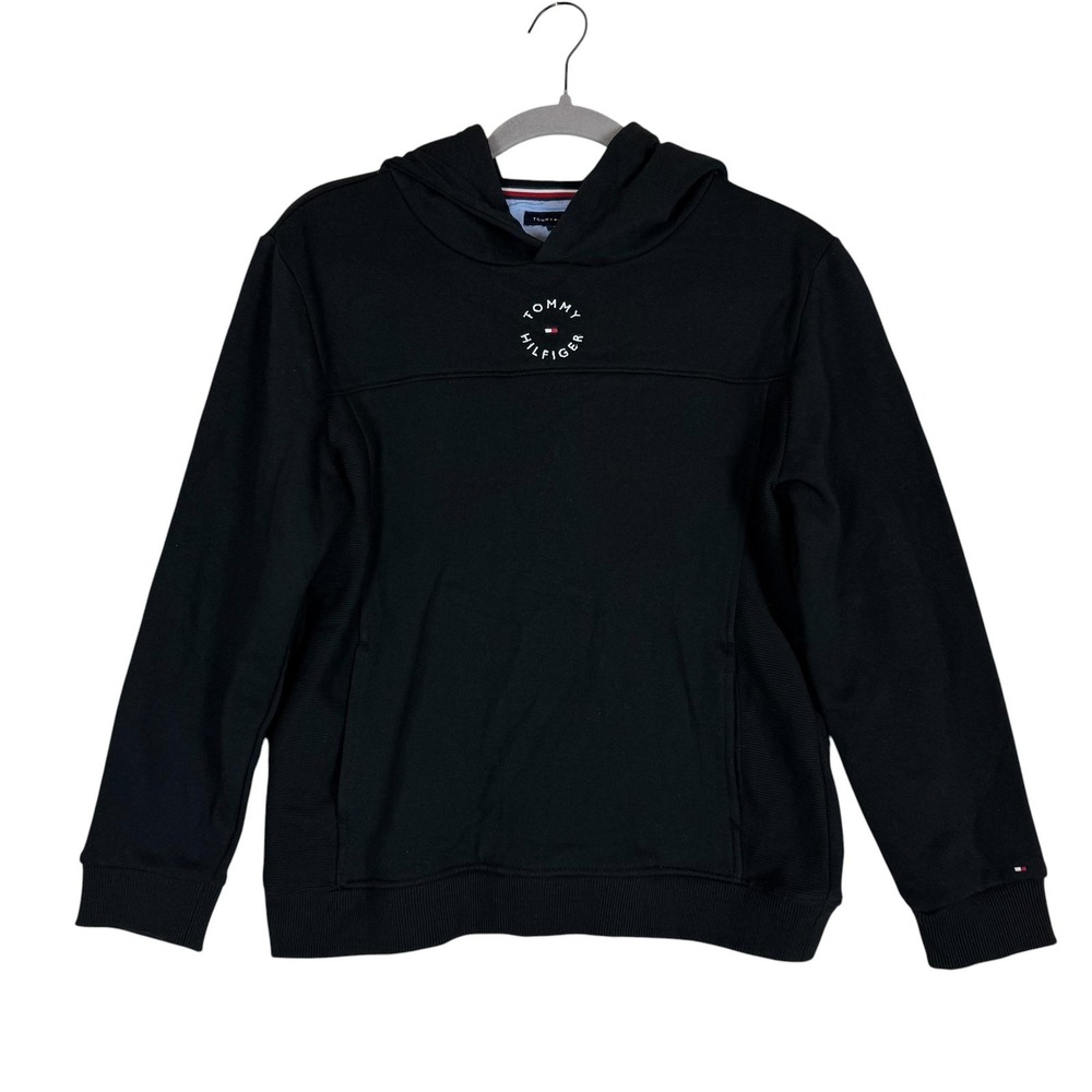 Tommy‎ Hilfiger Hoodie Boys 14-16 Black Pullover Fleece Logo Pockets Embroidered